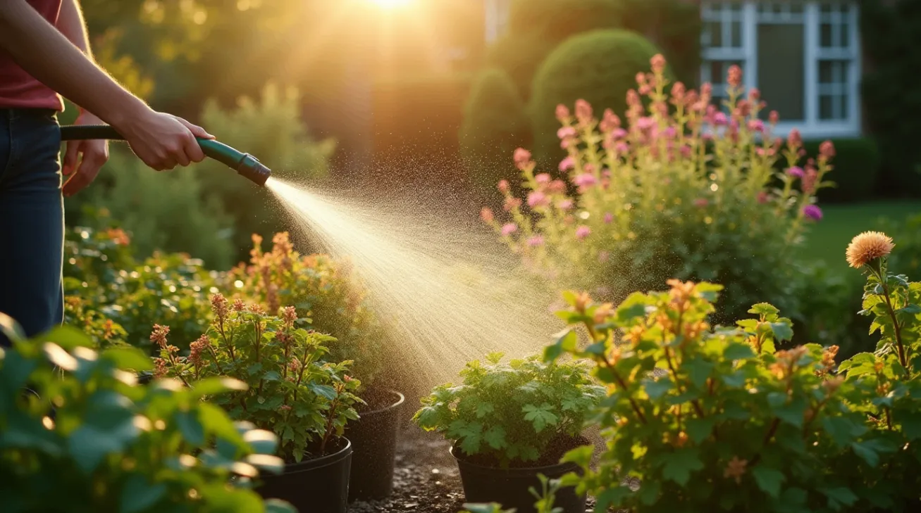 Gardener using a watering can to hydrate plants in a well-maintained garden, promoting healthy growth.