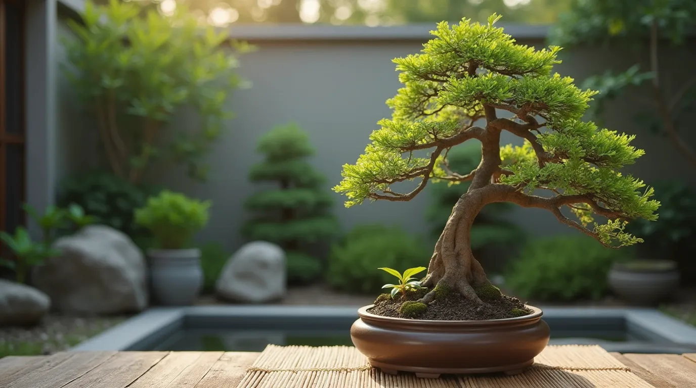 Close-up of a bonsai tree with intricate branches and leaves