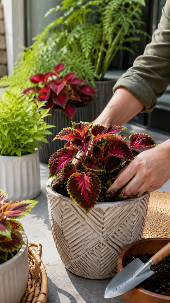 A beginner gardener planting vibrant Coleus plants with multicolored leaves in a garden bed or pots, surrounded by gardening tools like a trowel, gloves, soil bag, and watering can, set in a cozy garden or sunny patio.