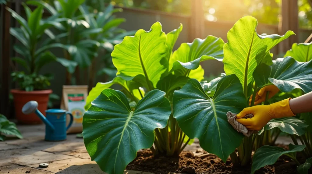 Elephant Ear plant with raindrops on its broad leaves, highlighting its lush tropical texture.