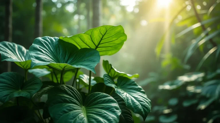 Large, vibrant green Elephant Ear plant leaves with a tropical appearance, featuring bold veining and a heart-shaped structure.