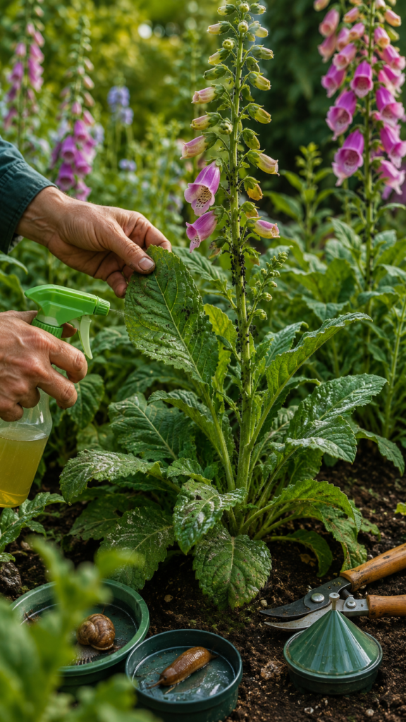 Gardener inspecting foxglove leaves for pests and disease in a garden, with visible aphids on stems, pruning damaged leaves, and using organic pest control tools under natural daylight.