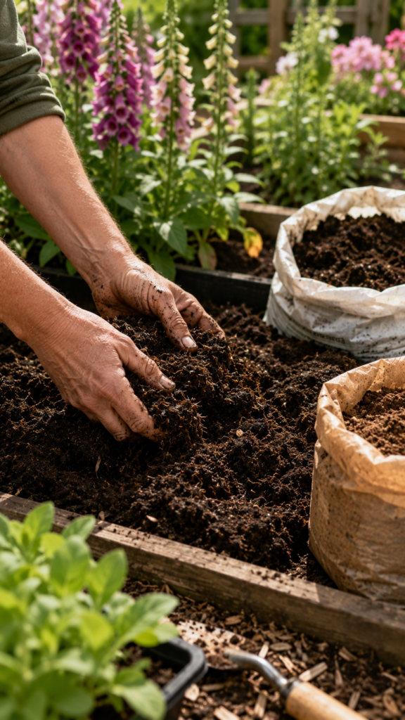 Gardener preparing rich, well-draining soil mixed with compost for foxglove plants in a raised garden bed under natural sunlight, with healthy foxglove seedlings blurred in the background.