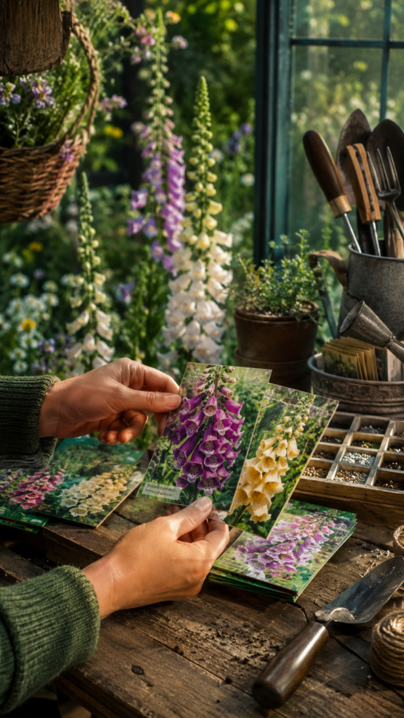 Gardener selecting foxglove seed packets on a rustic wooden table inside a bright greenhouse with blooming purple and yellow foxglove flowers in the background.