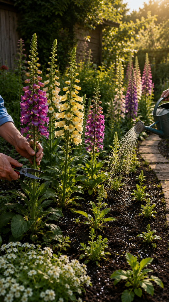 Gardener tending foxglove plants in a garden with blooms at different stages, deadheading spent flowers while watering and caring for healthy flowering spikes under warm natural sunlight.