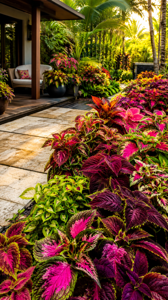vibrant coleus garden overflowing with neon pink, deep purple, lime green, and red coleus leaves around a modern backyard patio,