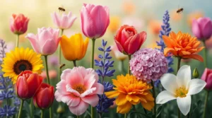 A vibrant collage of the top 10 most popular flowers, including roses, tulips, sunflowers, daisies, lilies, orchids, peonies, hydrangeas, lavender, and marigolds, showcasing their unique colors, shapes, and textures in a natural garden setting.