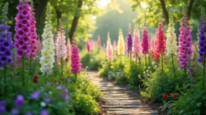 Tall foxglove plants with bell-shaped blooms in purple, pink, white, and yellow, surrounded by lush green foliage in a vibrant garden setting.