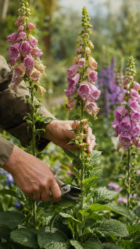 Ultra-realistic gardening scene showing foxglove plant pruning for more blooms, close-up of a gardener carefully deadheading spent foxglove flower spikes with sharp clean pruning shears, cutting just above healthy green leaves, partially faded tall foxglove spikes with fresh new growth emerging, secondary flower spikes beginning to form, lush cottage garden setting, soft natural sunlight, highly detailed petals and leaves, some flowers vibrant while others are fading, gardener hands focused and precise, cinematic depth of field, botanical realism, rich green textures, elegant outdoor garden atmosphere, vertical composition 916, ultra HD, no text, no watermark
