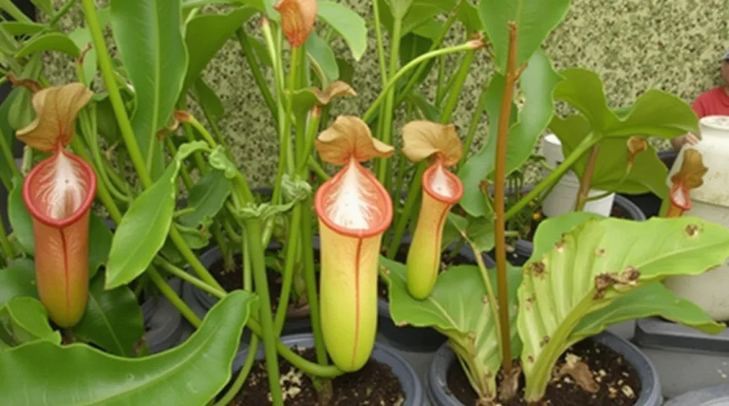 A close-up of a healthy Nepenthes tree (pitcher plant) with glistening pitcher-shaped leaves, set in a humid tropical environment with a shaded greenhouse, mist, and filtered sunlight, featuring a thermometer or hygrometer for monitoring conditions.