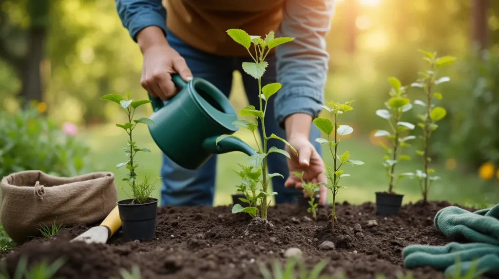 A gardener watering young tree saplings and shrub seedlings in a well-maintained garden, with gardening tools like a trowel, gloves, and soil bag nearby, set in a lush, sunlit outdoor space.