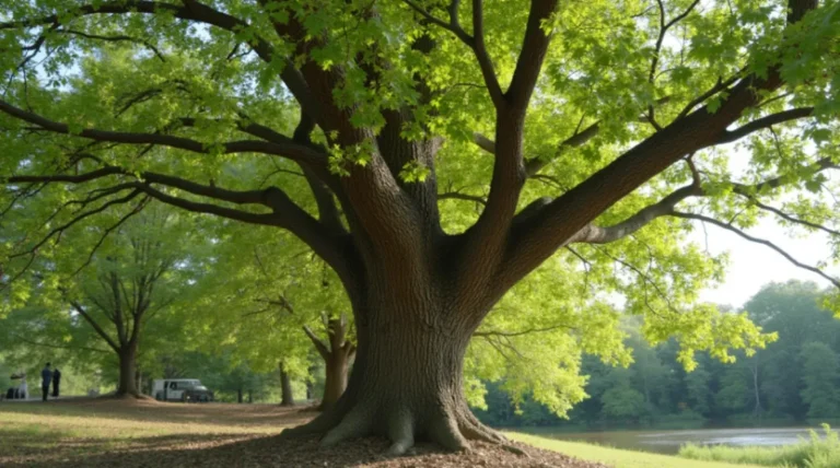 A majestic Hackberry tree with corky, warty bark and broad, rounded crown, showcasing its lanceolate leaves and dark purple berries, set in a natural landscape with a riverbank and other native trees.