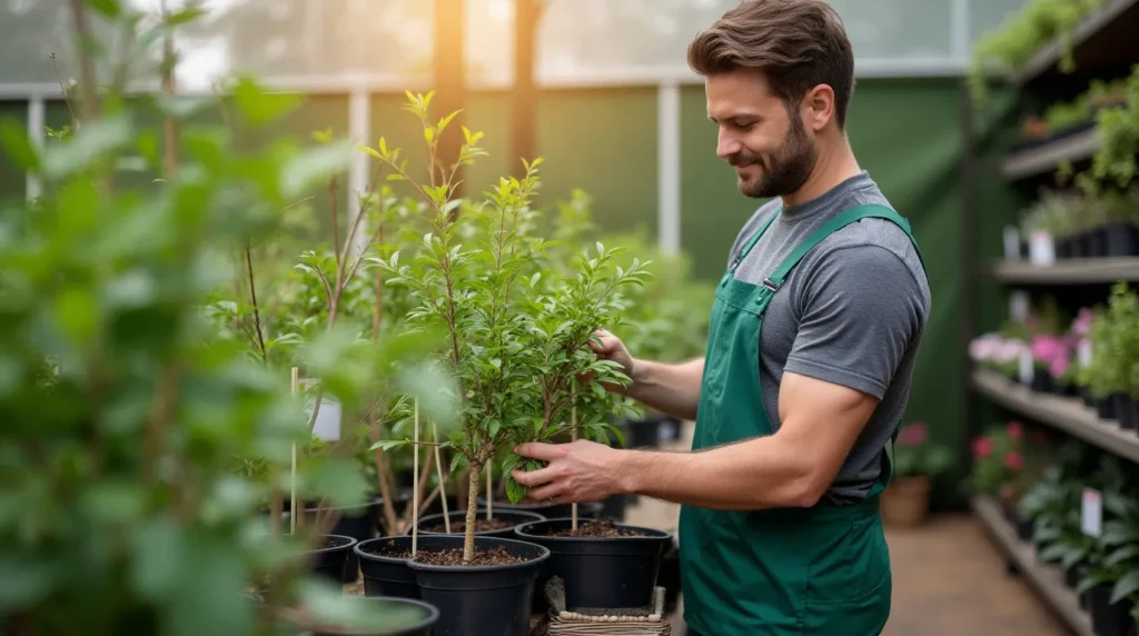 A person carefully examining a healthy tree sapling at a nursery, with various labeled saplings on display, set in a well-organized garden center surrounded by lush greenery and natural light.