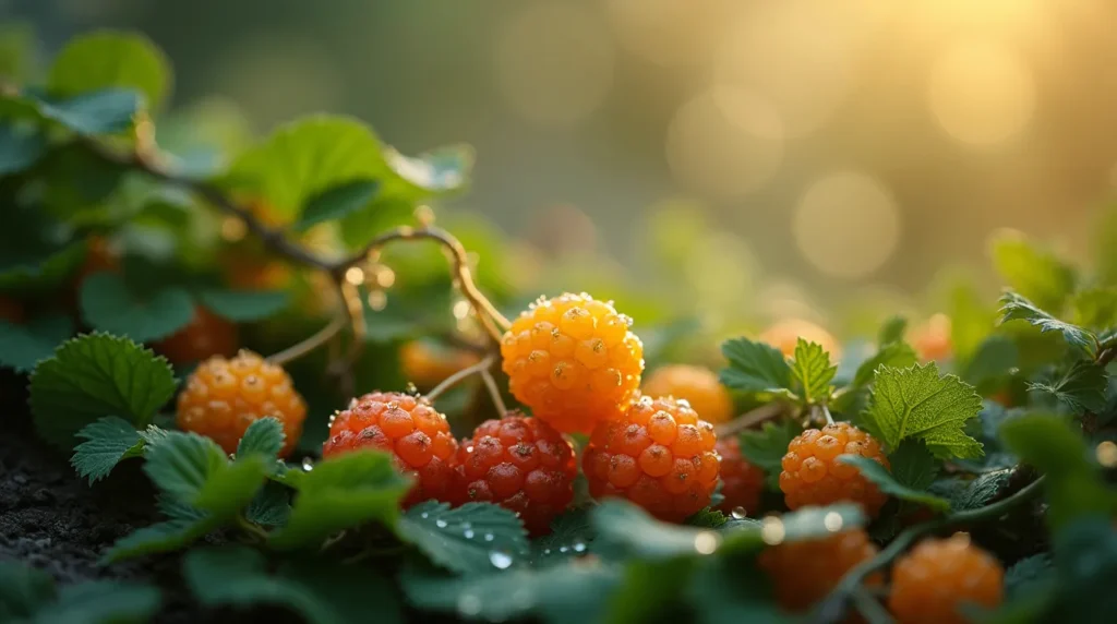 Healthy cloudberry plant with vibrant green leaves and orange berries.