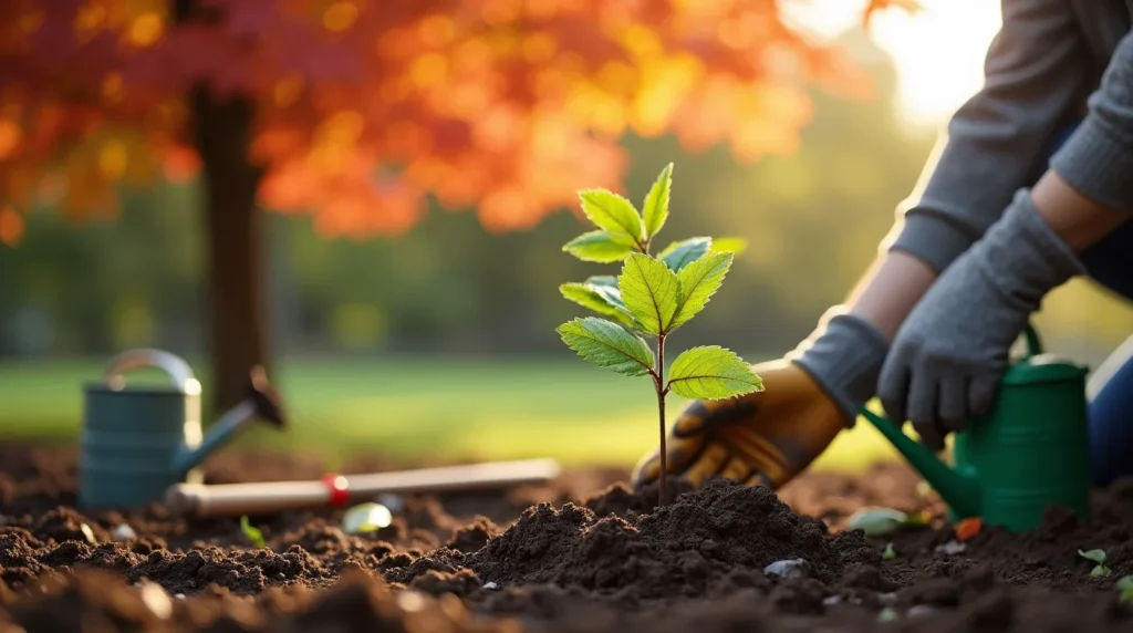 A gardener planting a young Liquidambar Styraciflua (sweetgum) sapling in well-drained soil, with tools like a shovel, gloves, and watering can nearby, and a mature sweetgum tree with autumn-colored star-shaped leaves in the background, set in a serene garden or park with soft sunlight.