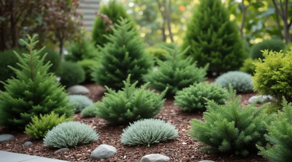 A beautifully landscaped garden featuring a variety of conifers, such as pines, spruces, and junipers, arranged alongside rocks, mulch, and flowering plants, set in a serene outdoor space with soft natural light.