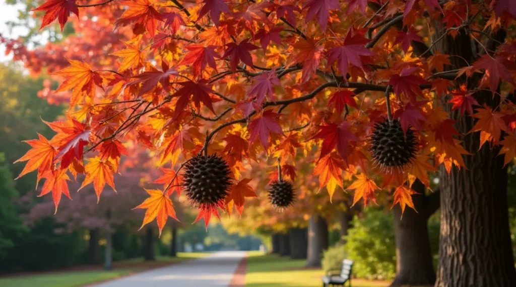 A majestic Liquidambar Styraciflua (sweetgum) tree in full autumn colors, with star-shaped leaves in shades of red, orange, yellow, and purple, featuring close-ups of its spiky seed pods and textured bark, set in a serene park or garden with soft sunlight and a pathway or bench nearby.