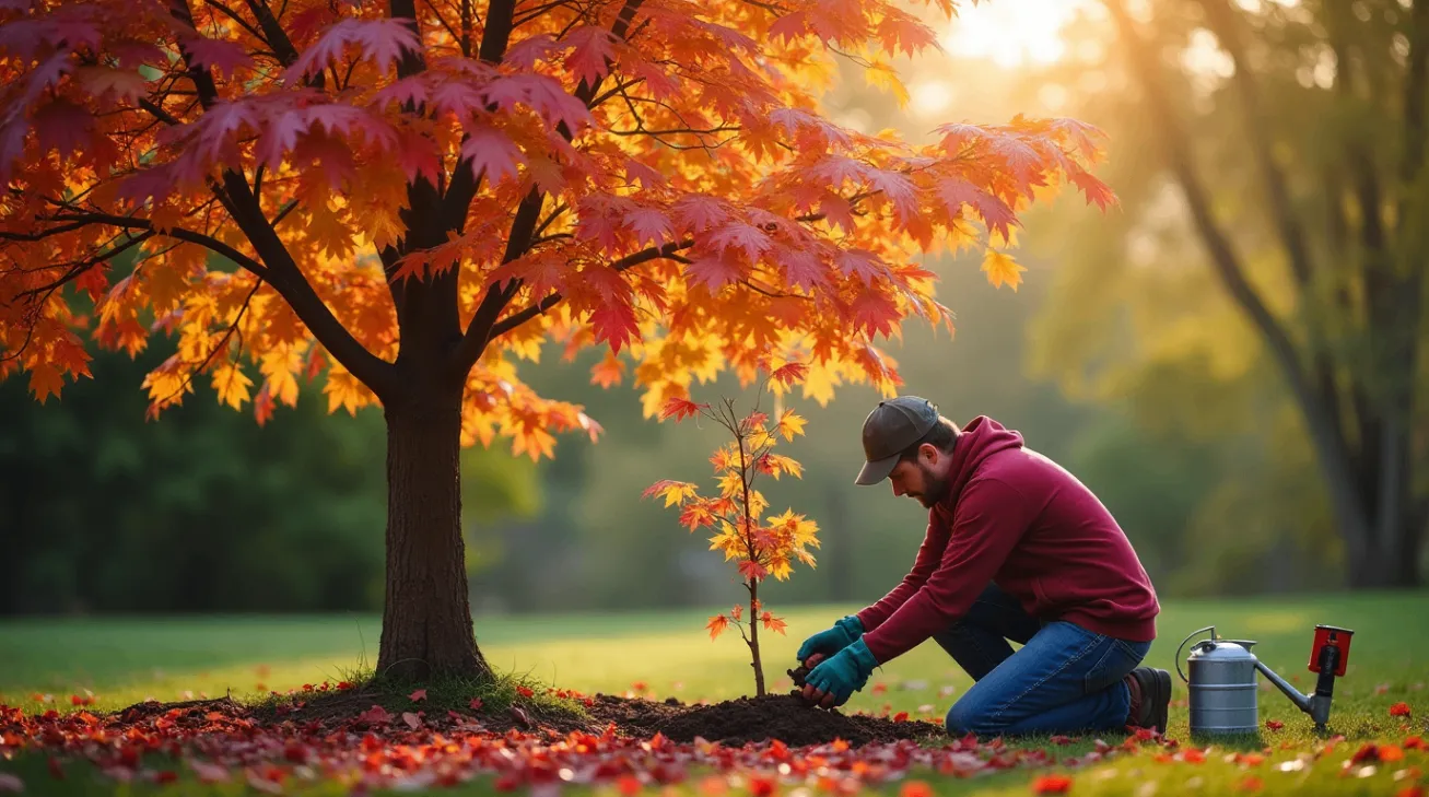 A gardener planting a young Liquidambar styraciflua (sweetgum) sapling in well-drained soil, with a mature sweetgum tree showcasing autumn-colored star-shaped leaves in the background, surrounded by gardening tools like a shovel, gloves, and watering can, set in a well-maintained garden with soft sunlight.