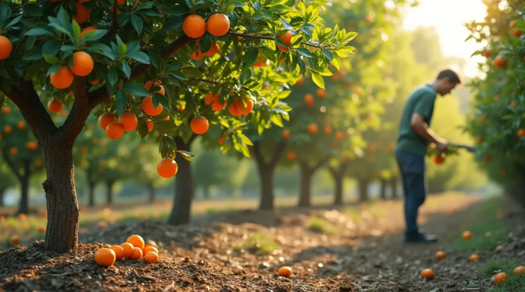 A healthy mandarin tree with vibrant green foliage and plump, orange mandarins hanging from the branches, surrounded by well-maintained soil in a sunny orchard.