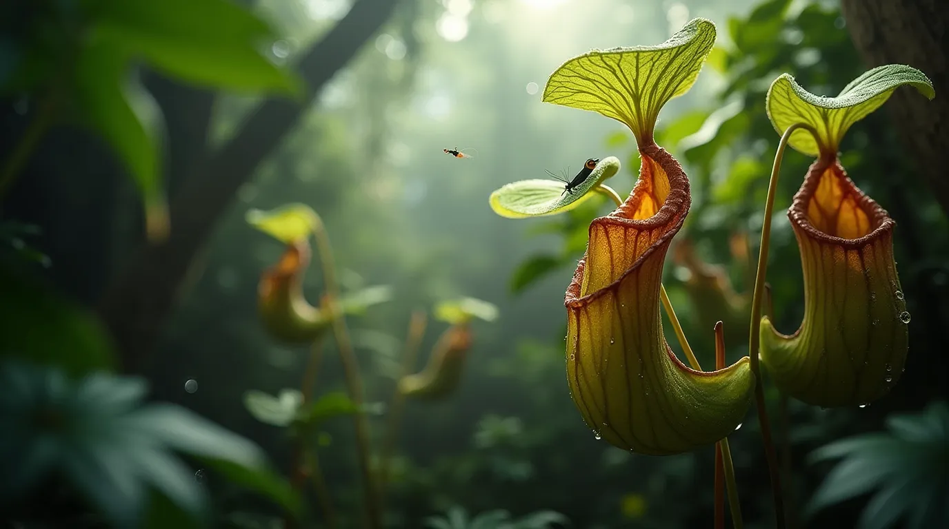 A close-up of a Nepenthes tree (pitcher plant) with vibrant, liquid-filled pitcher-shaped leaves, set in a lush tropical rainforest with misty ambiance, soft sunlight, and dewdrops glistening on the foliage.