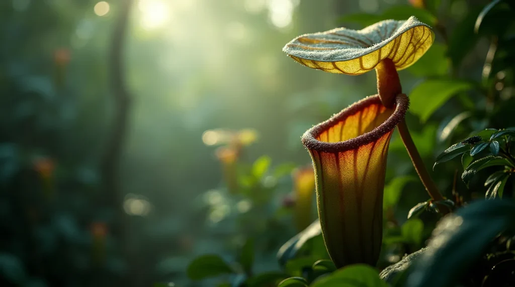 A thriving Nepenthes tree (pitcher plant) in its ideal tropical environment, with high humidity, bright indirect light, and moist soil, featuring misty air, dewdrops on leaves, and a humidity tray or spray bottle in the background.