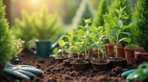 A vibrant nursery scene featuring a variety of healthy tree saplings and shrub seedlings in different stages of growth, surrounded by gardening tools like a trowel, watering can, and gloves, with soft natural lighting and lush green foliage.