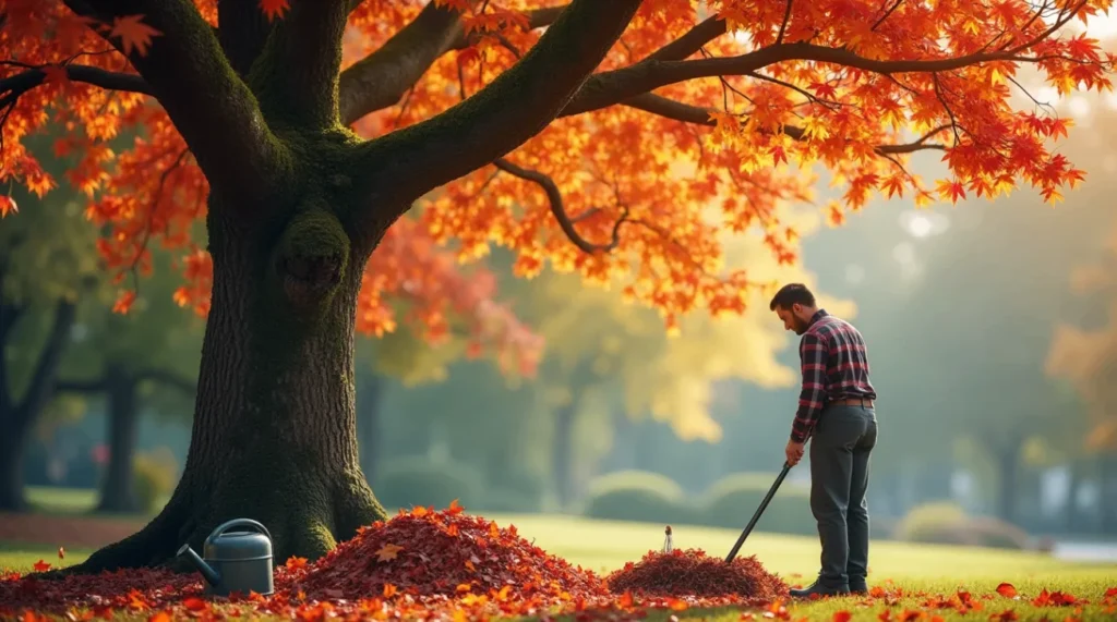 A gardener maintaining a mature Liquidambar Styraciflua (sweetgum) tree by pruning branches or mulching, with tools like pruning shears, a rake, and a wheelbarrow nearby, set in a well-maintained garden or park with vibrant autumn-colored leaves and soft sunlight.