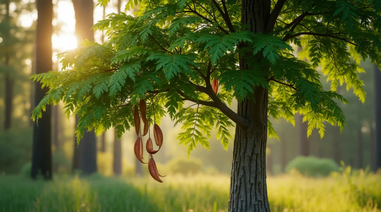 A person planting a young Tree of Heaven (Ailanthus altissima) in a sunny field. The tree has a slender trunk with smooth gray bark and compound leaves, while the person gently supports its root ball. Gardening tools like a shovel and watering can are nearby, and the background shows soft grass and wildflowers under warm golden sunlight.