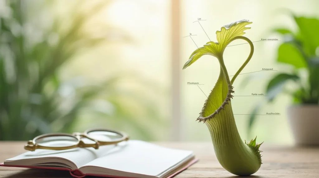 A detailed illustration or photograph of a Nepenthes plant (pitcher plant) with labeled parts like the pitcher, lid, tendril, and leaves, set against a clean, minimalist background with soft natural light and a magnifying glass or notebook nearby.