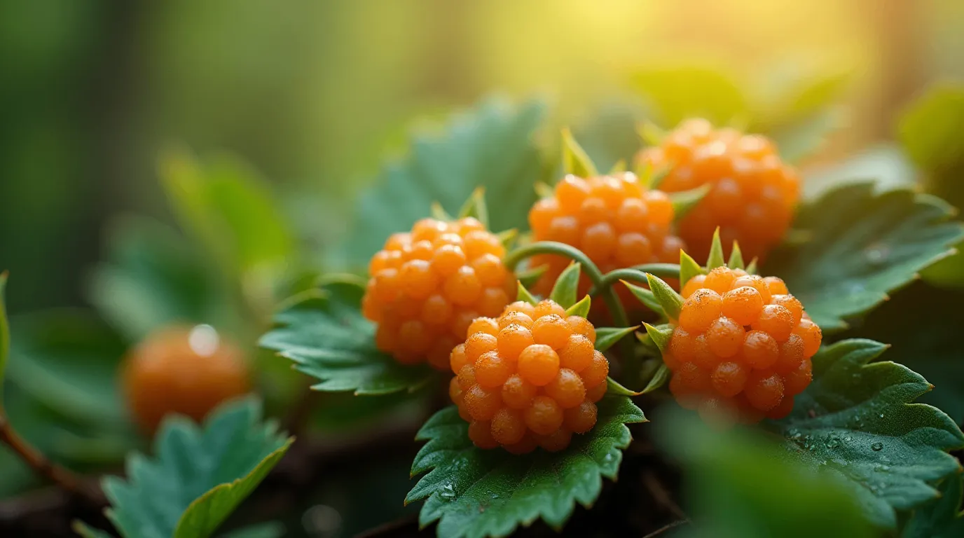 Close-up of ripe cloudberries growing in the wild.