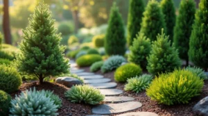 A variety of small conifer trees and shrubs, such as dwarf pines, spruces, and junipers, arranged in a well-designed garden with rocks, mulch, and decorative pots, set in a peaceful outdoor setting with soft natural light.