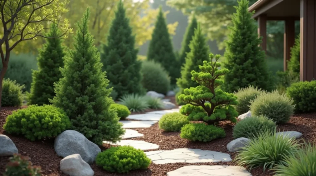 A charming garden corner with small conifers like dwarf pines, spruces, and junipers in decorative pots, featuring a wooden bench, stone pathway, and soft sunlight, set in a lush, tranquil garden.