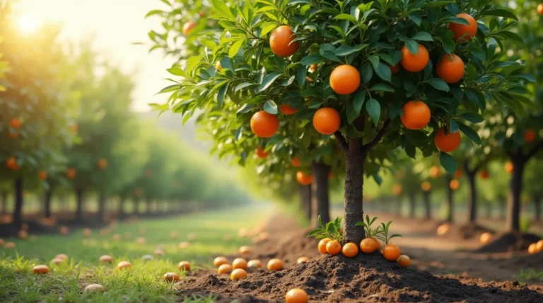 A healthy mandarin tree with vibrant green leaves and ripe orange fruits growing in a well-maintained orchard.