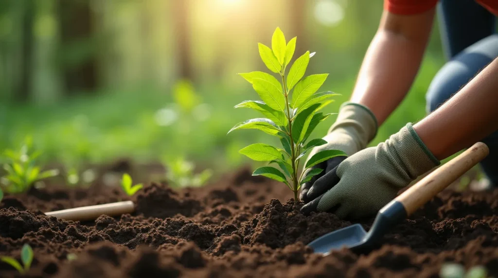 Close-up of hands planting a young Tree of Heaven (Ailanthus altissima) sapling in fresh soil, surrounded by green vegetation.