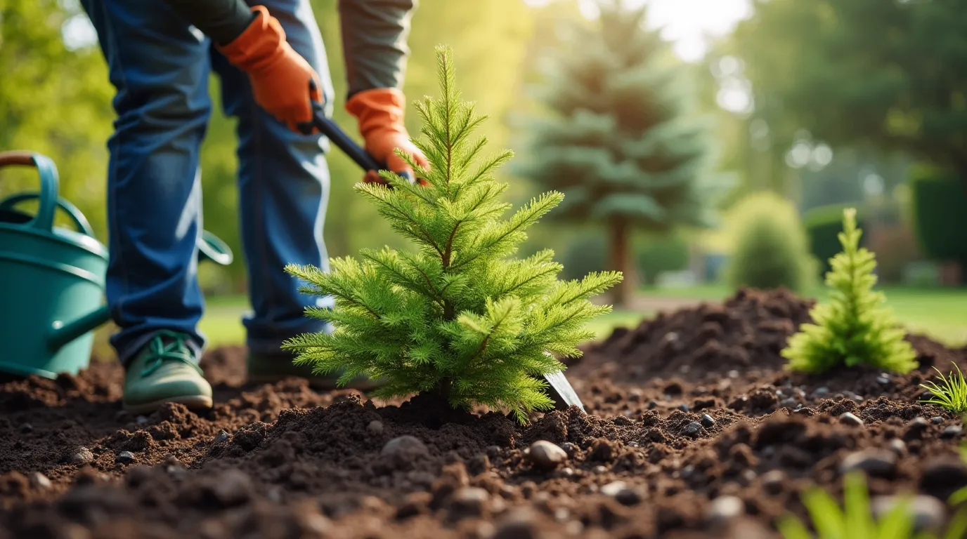 A gardener planting a young conifer tree, such as a pine or spruce, into well-prepared soil using a shovel, gloves, and watering can, with a bag of soil nearby and mature conifers in the background, set in a peaceful garden.