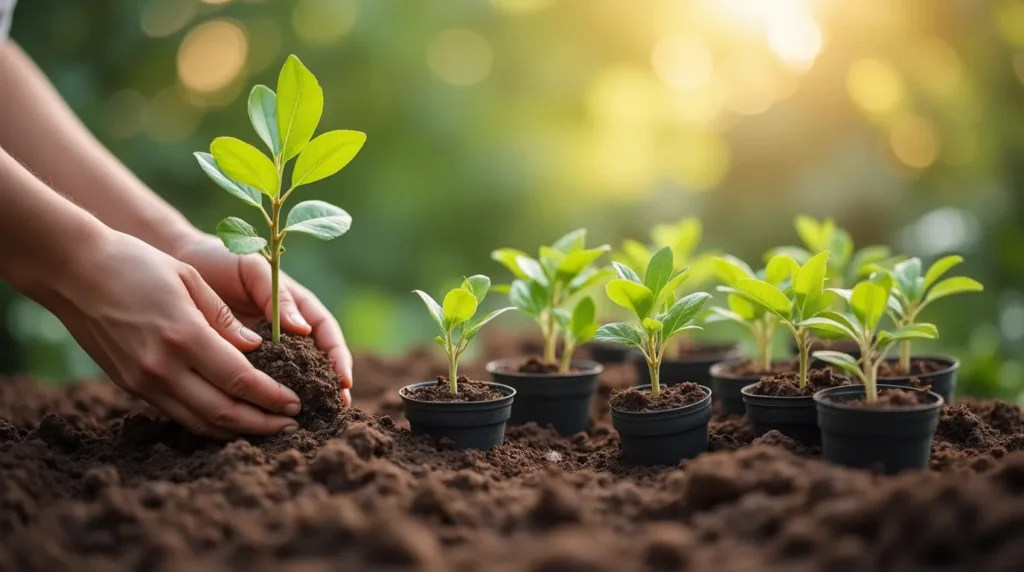 A gardener’s hands planting a young tree sapling into fertile soil, with shrub seedlings in small pots nearby, set in a peaceful garden or nursery with soft sunlight filtering through the trees.