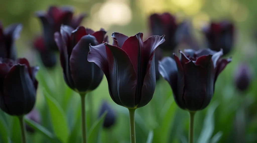 A variety of black flowers including black tulips, dahlias, and calla lilies, arranged beautifully in a garden.