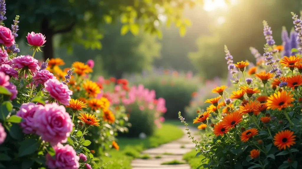 A vibrant and diverse garden filled with 25 popular perennial flowers, including roses, lavender, peonies, coneflowers, daylilies, hydrangeas, and black-eyed Susans. A garden path winds through the colorful blooms, with soft natural lighting highlighting their beauty and variety.