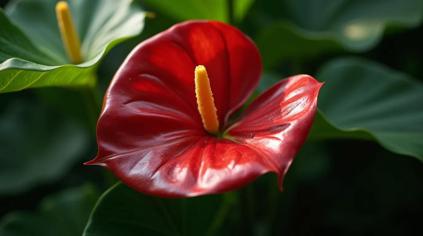 A vibrant Anthurium (Anthurium andraeanum) flower with a glossy, heart-shaped red spathe and a bright yellow spadix, surrounded by lush green tropical leaves.