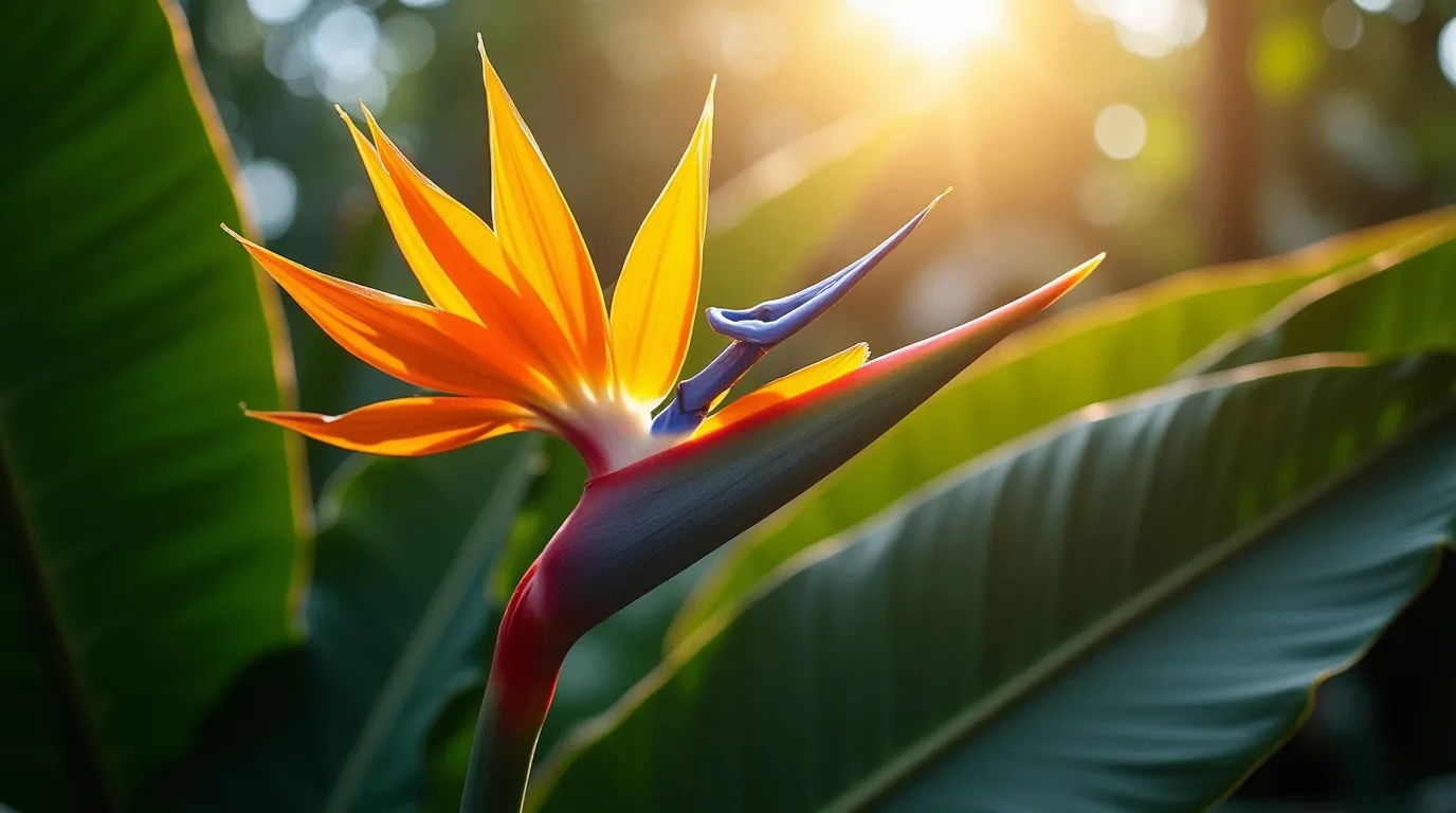 A vibrant Bird of Paradise (Strelitzia reginae) flower in full bloom, with striking orange and deep blue petals resembling a tropical bird, surrounded by large, glossy green leaves.