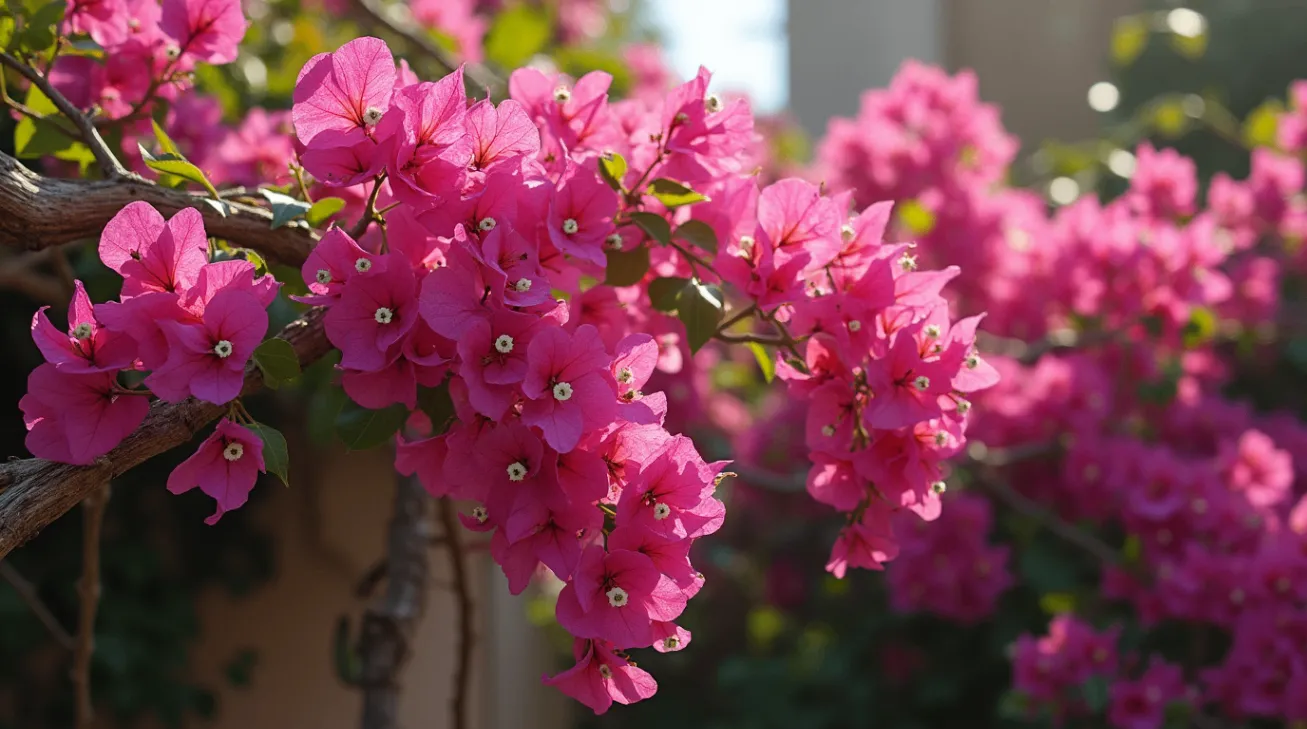 A vibrant Bougainvillea (Bougainvillea spp.) in full bloom, with magenta, pink, and purple papery bracts surrounding tiny white flowers, cascading over lush green foliage.
