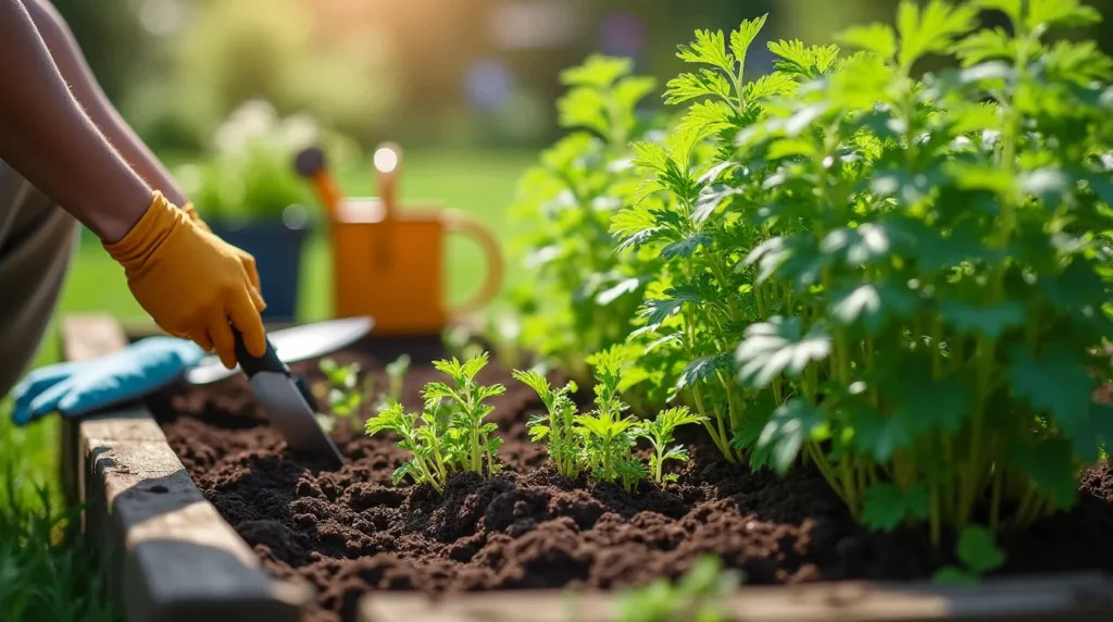 A gardener carefully pruning and maintaining a Lovage plant, with green, healthy leaves and gardening tools nearby.