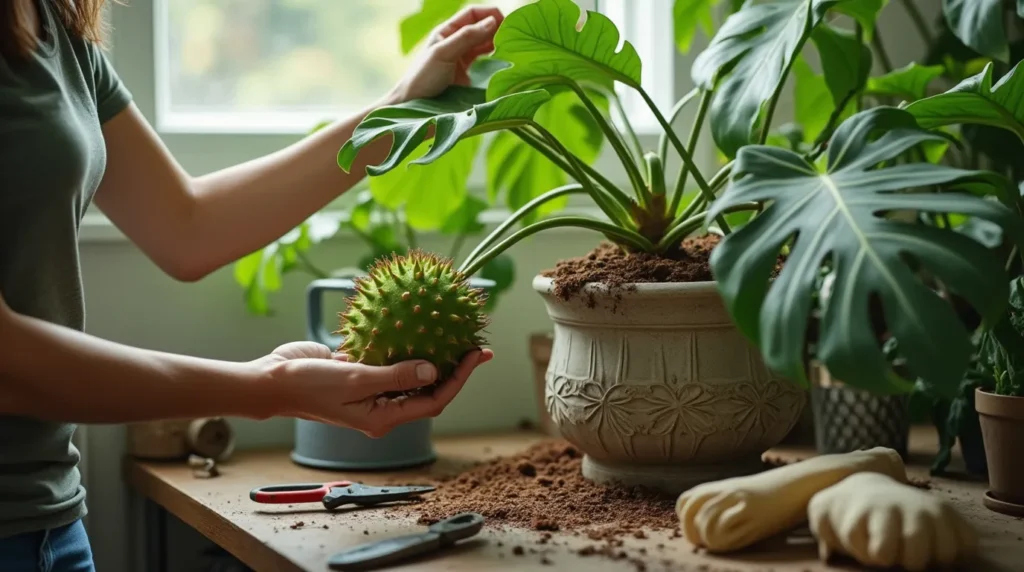 A person caring for a Monstera fruit plant indoors, pruning the vine and inspecting the fruit, with gardening tools nearby.

