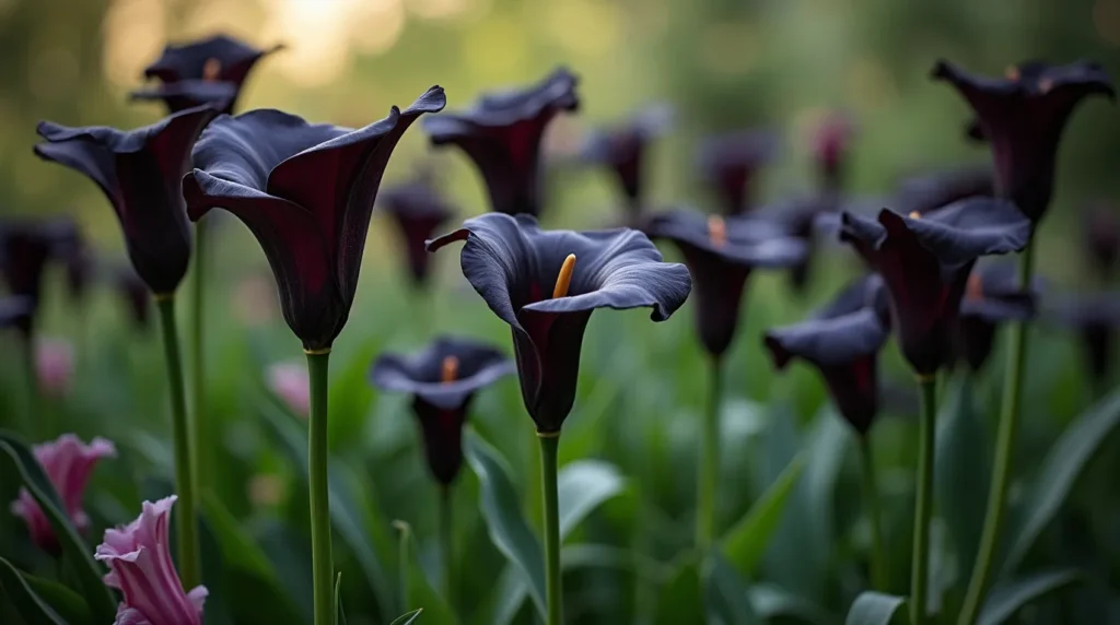 A garden scene featuring black flowers like tulips, dahlias, and calla lilies in full bloom, surrounded by green foliage and soft lighting.