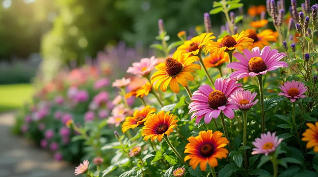 A colorful perennial flower garden featuring coneflowers, black-eyed Susans, daylilies, lavender, and peonies in full bloom.