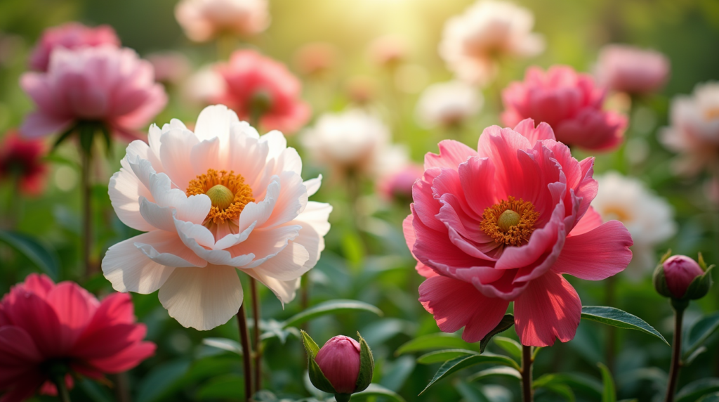 A variety of peony flowers in different colors, including pink, white, and red, displayed in a garden setting