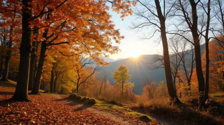 A scenic forest with deciduous trees in autumn, displaying vibrant red, orange, and yellow leaves, with some trees shedding their foliage.