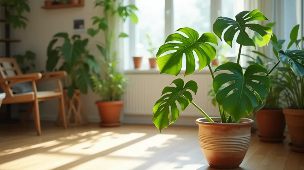 A Monstera plant thriving in a decorative pot in a bright indoor space with natural sunlight.