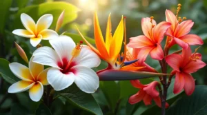 A vibrant collection of 15 stunning Hawaiian flowers, including Hawaiian Hibiscus (Hibiscus arnottianus), Plumeria (Plumeria spp.), Bird of Paradise (Strelitzia reginae), Heliconia (Heliconia spp.), Bougainvillea (Bougainvillea spp.), Pikake (Jasminum sambac), and Naupaka (Scaevola spp.), surrounded by lush tropical foliage and bathed in warm sunlight.