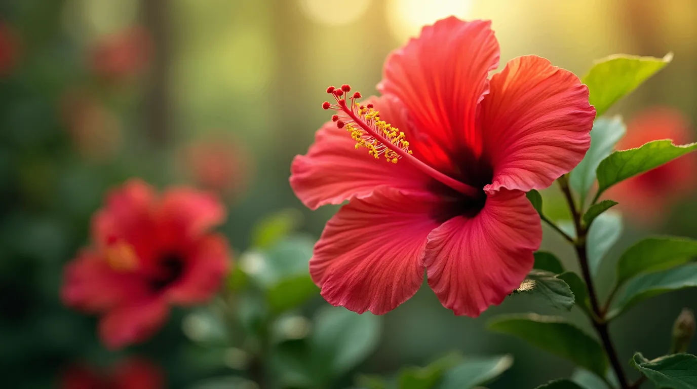 A vibrant red Hibiscus (Hibiscus rosa-sinensis) flower in full bloom, showcasing delicate petals and a prominent yellow-tipped stamen, surrounded by lush green leaves with sunlight filtering through.
